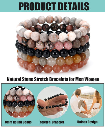 BOMAIL 5PCS Semi-Precious Gemstone Bracelet - Healing Crystal Stone Beaded Bracelets for Women Men 8mm Round Beaded Stretch Bracelets Unisex Yoga Bracelets
