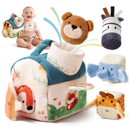 Youuys Travel Sensory Toys for Babies 6-12 Months & Toddlers 1-3 Year Old On-The-Go Montessori Soft Stuffed Animal Set with Crinkle, Rattle, Safe Mirror Educational for Kids Boy Girl