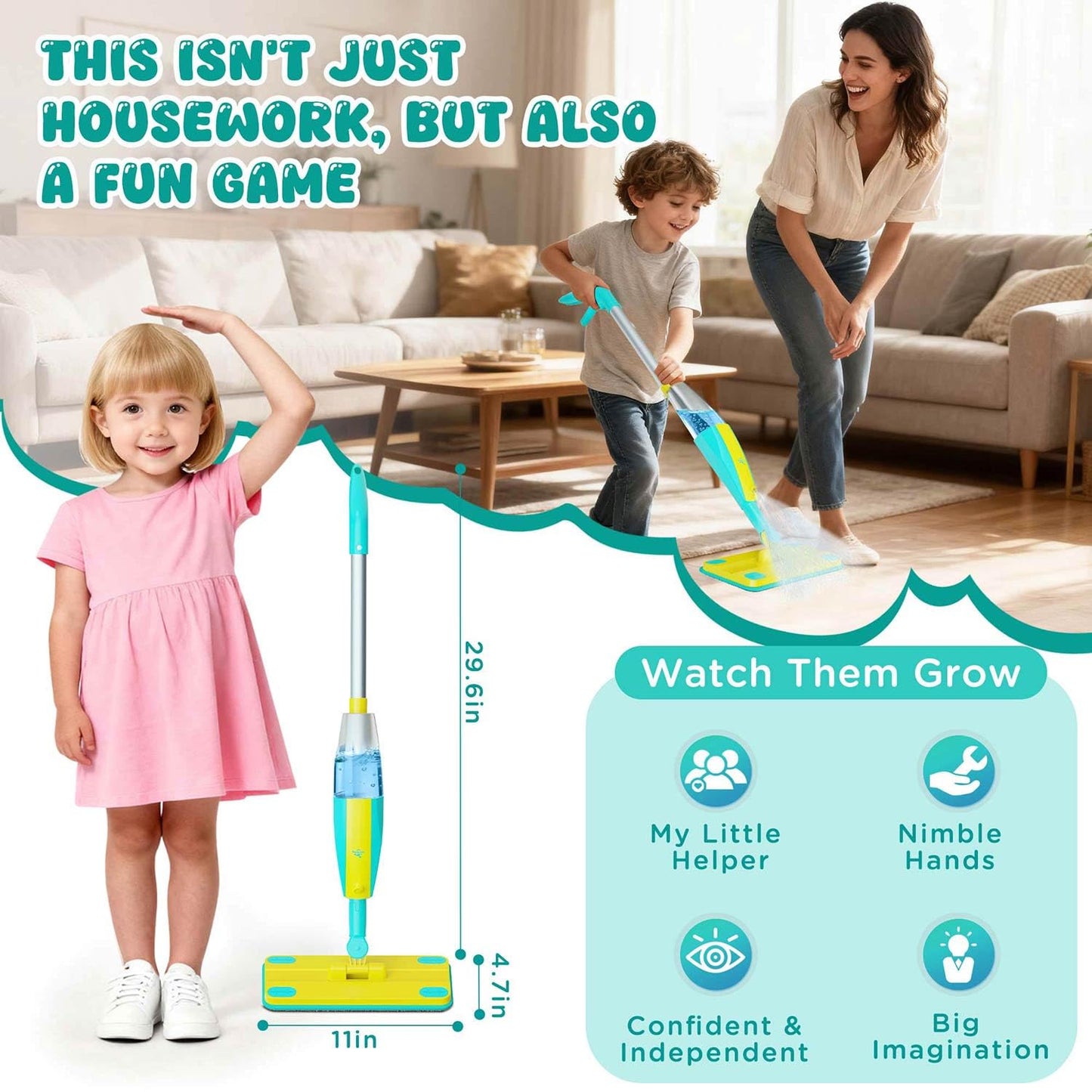 Kids Spray Mop,Toddlers Cleaning Play Sets with Real Water Sprayer,Includes Versatile Apron,Pretend Play Sets,Toddler Kids Cleaning Toy Set,Montessori Cleaning Set,Gifts for Boys Girls