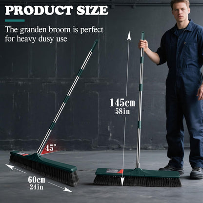 MASTERTOP 24" Push Broom Outdoor, Heavy Duty Garden Brush Broom with 58" Long Handle and Stiff Bristles,Commercial Outdoor Broom for Deck Driveway Garage Yard Patio Warehouse Concrete Floor Cleaning