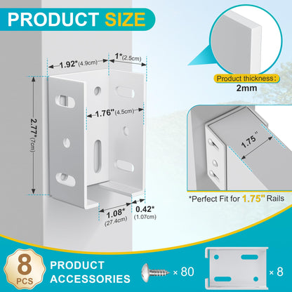 8PCS White Aluminum Fence Bracket for Vinyl Fence, 2mm Thick Vinyl Fence Bracket Replacement Parts for Plastic, PVC Rails, Fits 2.75" Rails