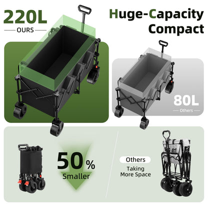 EAYNON 38" L Collapsible Foldable Extended Wagon,440lbs Weight Capacity with 220L Heavy Duty Folding Cart, Utility Wagon with Side Storage Pockets& Drink Holders,Black