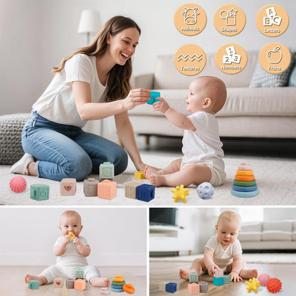 Weilim Montessori Toys Soft Stacking Building Blocks Rings Balls Sets 3 in 1 Baby Toys Bundle for Babies Sensory for Toddlers Teething Bath for Infants Learning Education Toy