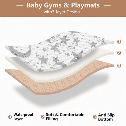 KICPOAY Baby Play Mat Stars Moon Pastel Grey 50 x 50 Playpen Mats for Floor Play Gym Crawling Mat Non-Slip Cushioned Baby Playmat for Infants, Babies, Toddlers