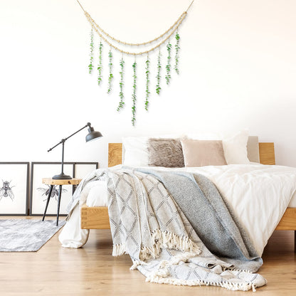 Hanging Eucalyptus Boho Wall Decor Large Boho Bedroom Wall Hanging Wooden Bead Garland Artificial Eucalyptus Natural Greenery Decoration, 36 x 36 Inch