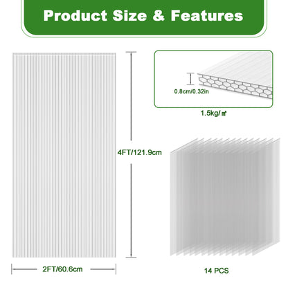 Quibbay 6PCS Polycarbonate Greenhouse Panels, 4' x 2' x 0.32'' Three-layer Honeycomb Panels Polycarbonate Sheet, Clear Waterproof UV Protected Corrugated Plastic Roof Panels for Greenhouse Replacement
