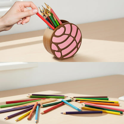 MALLMALL6 Mexico Concha Pencil Holder - 3D Mexican Bread Pink Wooden Pen Holder, Back to School Funny Caddy Case Gift for Kids, Desktop Storage Organizer for Classroom Teacher Office Makeup Brush