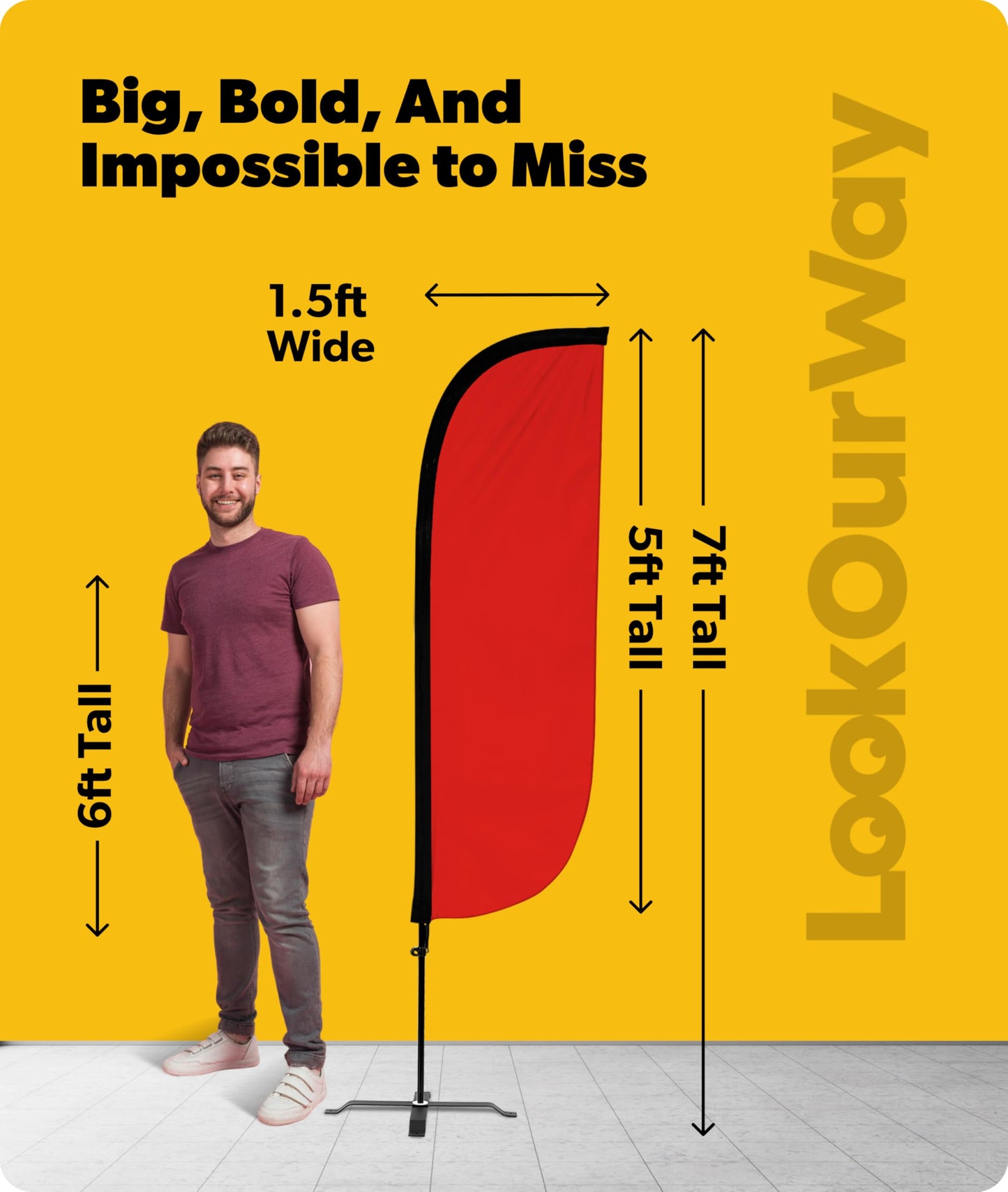 LookOurWay Feather Flag Set - 5ft Tall Advertising Banner Flag with Pole Kit and X-Stand for Business Promotion - Solid Color Red