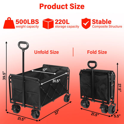 Collapsible Wagons Carts Foldable, 500LBS Heavy Duty Wagon Cart Foldable with Brakes & All-Terrain Wheels– 34'' Extra Long Folding Wagon Portable Lightweight for Camping, Beach，Sports, Shopping