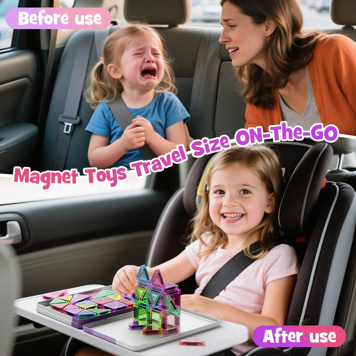 WMXDU Mini Magnetic Tiles, 40PCS Magnetic Building Blocks with Iron Box, Magnet Toys Travel Size On-The-Go Construction Set STEM Travel Toys for Boys and Girls Ages 3+