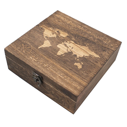 QoTang Our Adventures Box, 7.7 x 7.7 x 2.7 Inches, Decorative Wooden Keepsake Box Memory Box with World Map Background Engraved Wood Box with Lid Unique Gift Ideas Wedding Engagement Gift