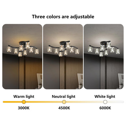 OKES 8-Light Semi Flush Mount Ceiling Light, Black and Gold Ceiling Fixture, Farmhouse Dining Room Light Fixture with K9 Crystal Shade, Modern Chandelier for Living Room,Bedroom,Entryway