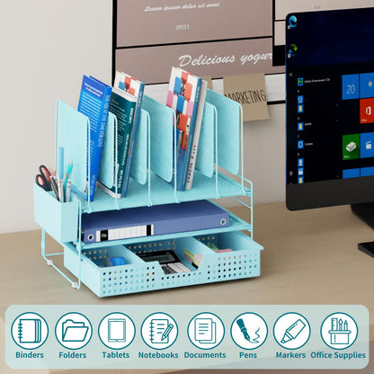LEKETREE Teal Desk Organizer, Office Organization with Vertical File Holder, File Organizer with Drawer and Pen Holder, Desk Accessories and Workspace Organizers for Home Office (Sky Blue)