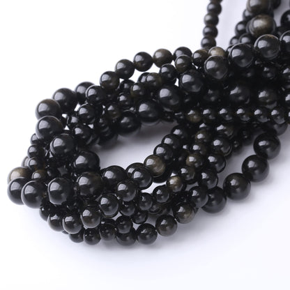 10MM Black Golden Obsidian Round Loose Beads Natural Gem Beads Crystal Energy Stone Beads for Jewelry Making DIY Bracelet Necklace