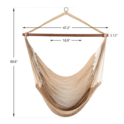 Upgraded Caribbean Hammock Chair with Detachable Metal Bar, Large Hammock Swing Chair, XL Rope Hanging Chair for Outdoor Indoor, 330 LBS Weight Capacity, Burlywood