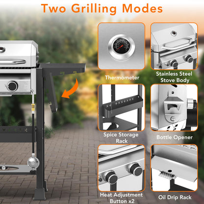 Electactic Propane Gas BBQ Grill 2-Burner Barbecue Grills with Cast Iron Frying Pan and Grates Combo, 16000 BTU Output Stainless Steel Grill for Outdoor Cooking, Patio, Backyard Party