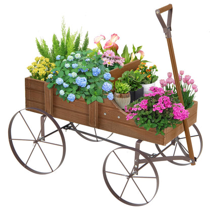 HAPPYGRILL Wooden Wagon Planter, 24.5” x 13.5” x 24” Decorative Garden Planter w/ 2 Planting Sections, Wheels, Handle, Small Decorated Cart, Flower Planter Box for Indoor Outdoor Patio (Brown)