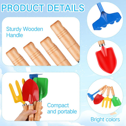 Motionchic 8" Kids Gardening Tools, Metal Beach Sandbox Digging Toys with Wooden Handle, Including Shovel, Rake, Fork and Trowel, Garden Sand Snow Tools for Children Gift Outdoor Gardening(24 Pcs)