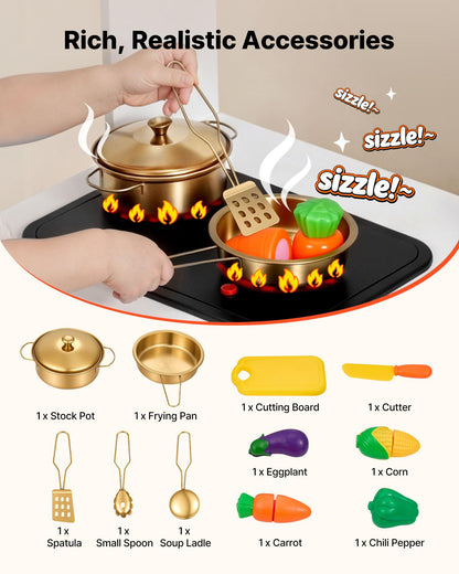 VEVOR Play Kitchen for Kids, Wooden Kids Kitchen Playset with Real Lights & Sounds, Food & Cookware Accessories, Pretend Play Toy Set, Sink, Oven, Stove, Cabinet, for Toddlers, Girls & Boys Ages 3-8