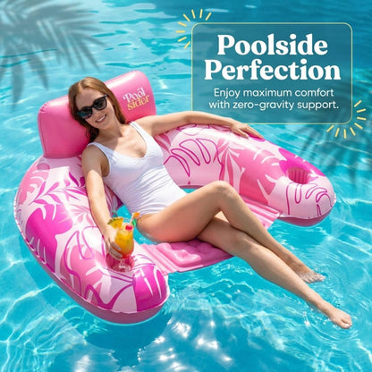Pool Chair Floats - 2 Pack Floating Pool Chairs for Adults | Inflatable Pool Chair with Cup Holder & Armrest | Swimming Chairs for Adults | Tropical Design (Pink/Blue) Pool Float Chair - Poolsider