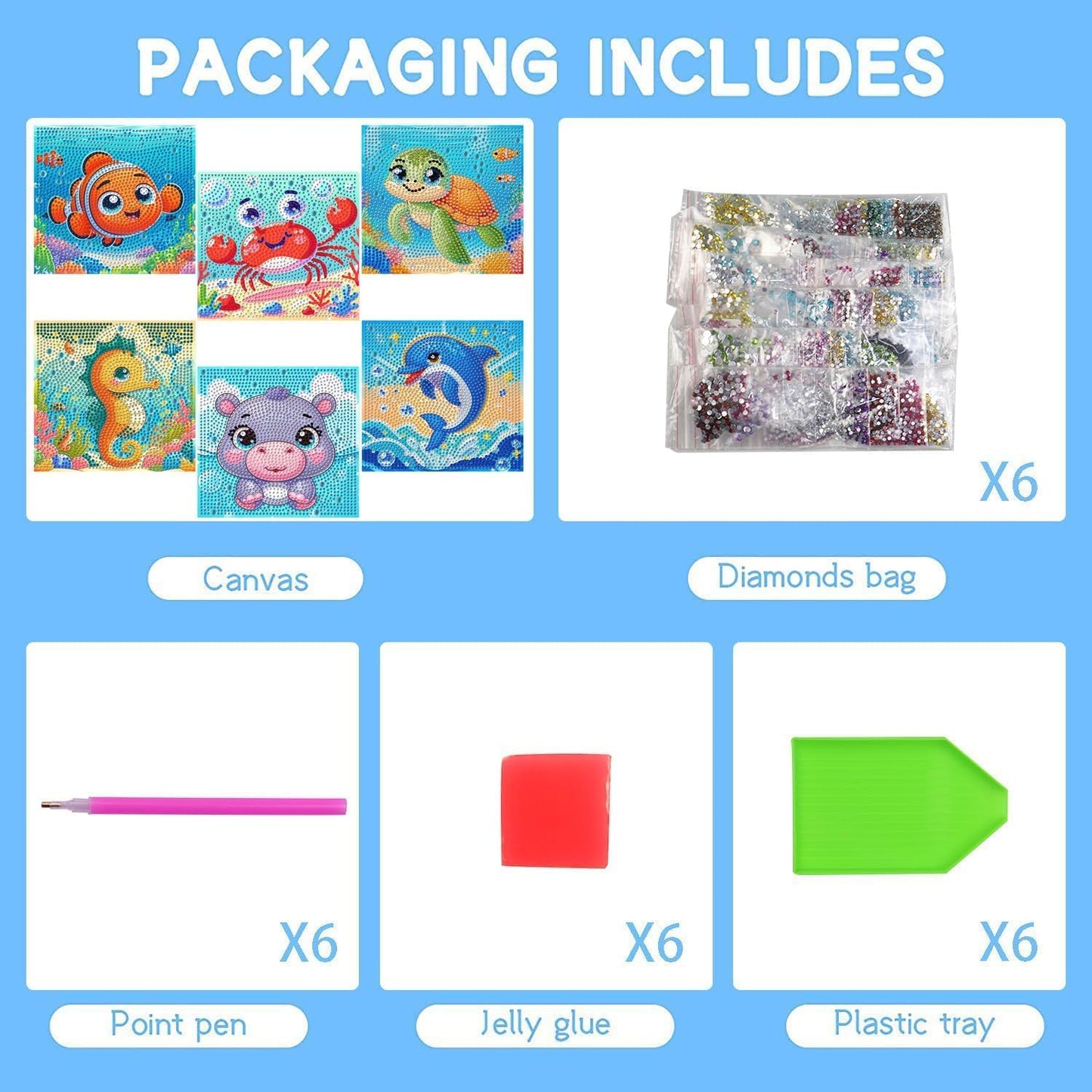 GQYCZZ Animal Diamond Painting Kits for Kids/Beginners, Diamond Art Gem by Number Kits Arts and Crafts for Kids, Mosaic Kits DIY Full Drill Painting Kit for Home Wall Decor 6 Pieces 6" X 6"
