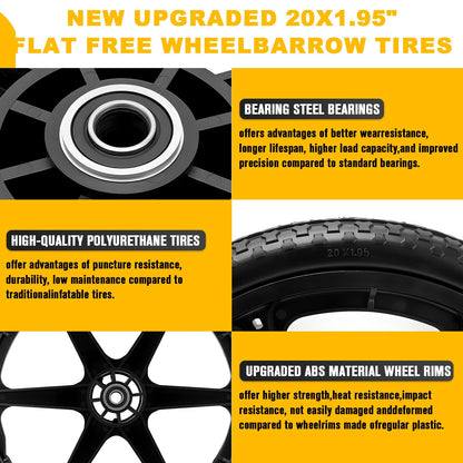 20" Flat Free Wheels Compatible with rubbermaid Wheelbarrow Tires (5/8 inch bearing)