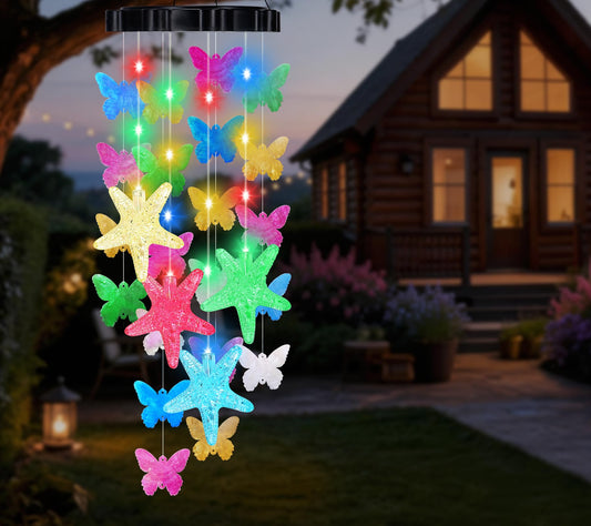 Butterfly Starfish Solar Wind Chimes Hanging Decorative Lights for Outside Outdoor Mobile Wind Chime for Porch Deck Garden Patio Decor, Gift for Women Mom Grandma Sister Wife Girlfriend Neighbors
