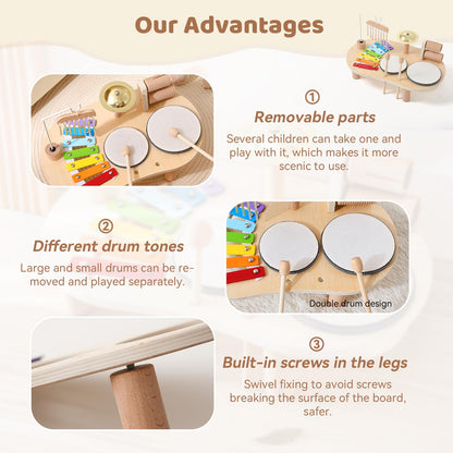 Promise Babe Wooden Drum Set for Toddlers 1-3, Musical Percussion Instruments for Kids Baby Drum Set Xylophone, Montessori Educational Musical Toys for Girls Boys Ages 3+