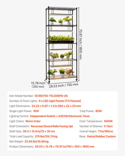 VEVOR Plant Shelf with Grow Light, 6-Tier Indoor Plant Stand, 71 in Tall Plants Display Rack with Wheels & 4/9/14H Timer, 80W T5 LED Full Spectrum Grow Lights, Flower Pot Holder for Seed Starting
