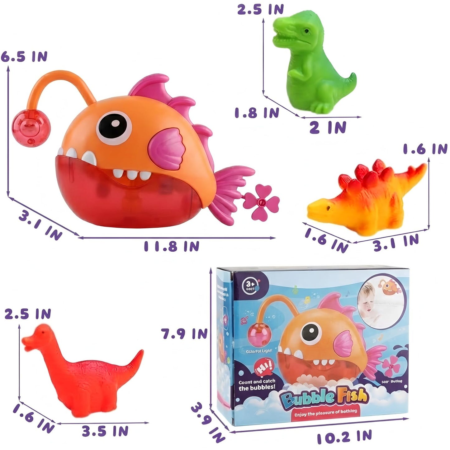 Baby Bath Toys for Toddlers, Light Up Fish Bubble Machine with 3 Dinosaur Water-Activated Toys, Shower Bathtub Toys for Kids Ages 3-8, Birthday Gift Easter for Boys Girls (Red)