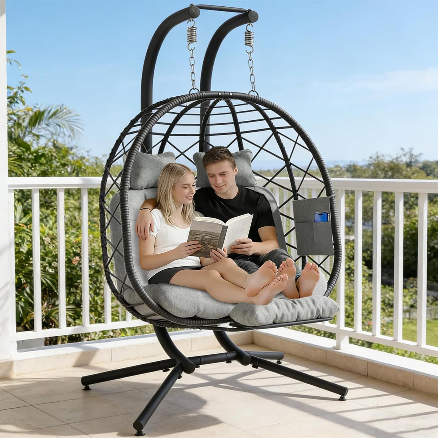 Suteck Double Hanging Egg Chair with Adjustable Footrest & Stand, Indoor Outdoor 2 Person Wicker Egg Swing Chair with Cushion, 660lbs Capacity for Patio, Bedroom, Garden - Grey