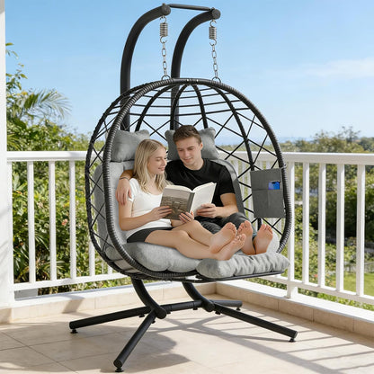 Suteck Double Hanging Egg Chair with Adjustable Footrest & Stand, Indoor Outdoor 2 Person Wicker Egg Swing Chair with Cushion, 660lbs Capacity for Patio, Bedroom, Garden - Grey