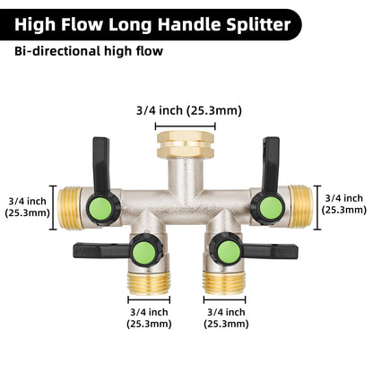 EJW 4 Way Garden Hose Splitter, Heavy Duty Garden Hose Splitter, High Flow Garden Hose Splitters, Fitting 3/4” Brass Outdoor Hose Splitter, Garden Hose Adapter Connector,Water Hose Splitter.