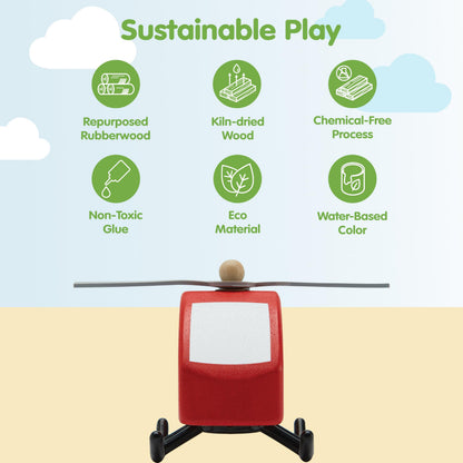 PlanToys® Wooden Helicopter Toy | Montessori Imaginative Play, Cause and Effect and Fine Motor Skill Development Activity | Eco Friendly Toy for Indoor and Outdoor Play