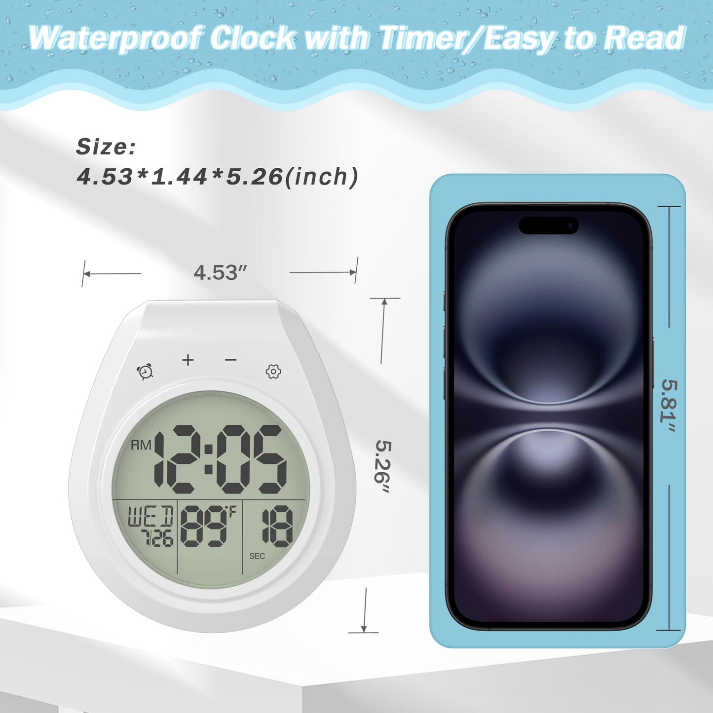 Yariaii Shower Clock with Timer Waterproof, Digital Bathroom Clock with Countdown, Temperature, Date, Week, Second, Suction Cup, Wall Hanging, for Mirror, Pool, Bath, Kitchen, Battery Operated, White