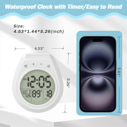 Yariaii Shower Clock with Timer Waterproof, Digital Bathroom Clock with Countdown, Temperature, Date, Week, Second, Suction Cup, Wall Hanging, for Mirror, Pool, Bath, Kitchen, Battery Operated, White