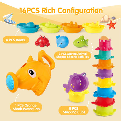 Water Table Toys for Toddlers 1-3, 16PCS Bath Toys for Babies 6-12 Months wtih Floating Boats, Stacking Cups, Shark Water Can & Marine Animal Silicone Toys, Pool Beach Idea Gift for Boys Girls