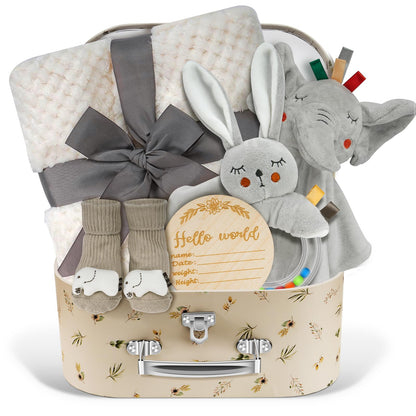 Baby Boy Gift Basket Set, Unique Baby Gift Basket Set, New Baby Boy Gift Basket, New Baby Gift Basket Set with Baby Blanket, Baby Rattle, Bunny, Keepsake Milestone, Elephant Toy, Baby Socks