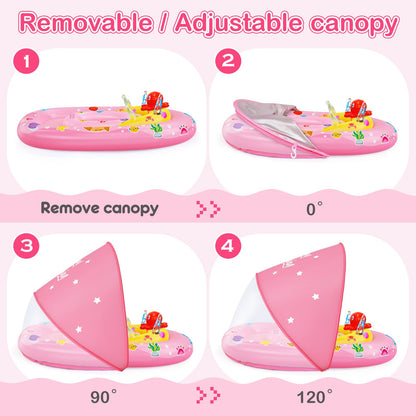EZIGO Baby Pool Float with Canopy UPF50+ Sun Protection, Inflatable Kids Pool Floats with Ocean Animal Toys for Baby 6-36 Months, Infant Swimming Float with Adjustable Safety Seat for Boys Girls Pink
