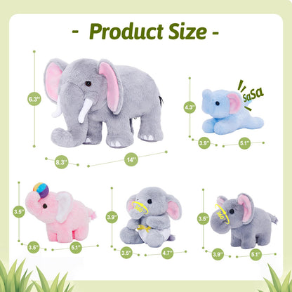 OUOZZZ Elephant Stuffed Animal with 4 Baby Elephants – Interactive Plush Toy Set with Crinkly Ears, Rotating Trunk – Travel-Friendly & Portable Gift for Baby Girls, Boys, Toddlers & Kids 14" x 6.3"