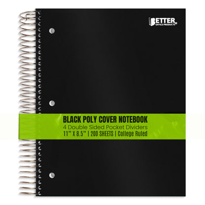 Better Office Products 5 Subject Spiral Notebook, Black Poly Cover, College Rule, 200 Sheet Notebook with 4 Double-Sided Pocket Dividers, 11 x 8.5 inches