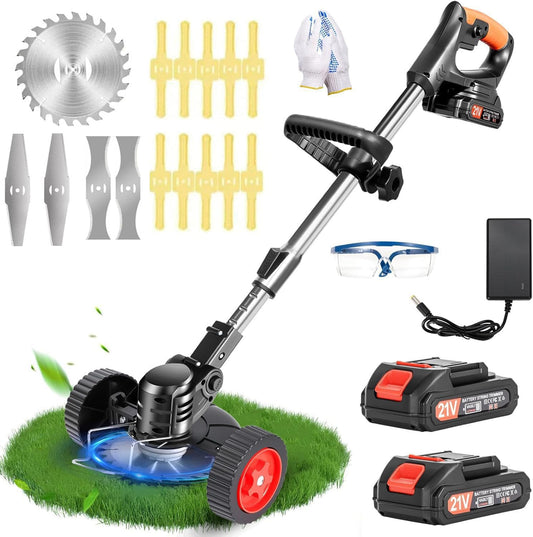 Cordless Weed Wacker 21V Stringless Weed Wacker Battery Powered Lightweight 3-in-1 Grass Trimmer/Brush Cutter/Edger with 2pcs Batteries&Wheel, 3Types Blades, for Lawn, Garden & Yard
