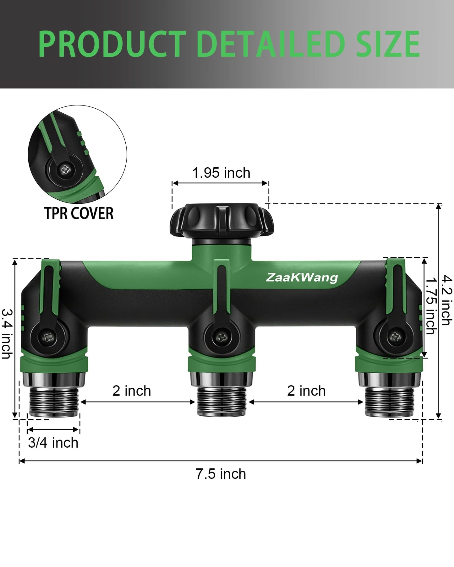 ZaakWang Garden Hose Splitter, 3 Way Hose Splitter, Heavy Duty Water Hose Bib Spigot Splitter, Outdoor Faucet Splitter with Shutoff Valve, T Adapter Connector with 3/4 - Inch GHT Thread (Green)