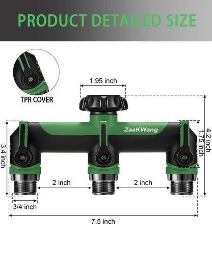 ZaakWang Garden Hose Splitter, 3 Way Hose Splitter, Heavy Duty Water Hose Bib Spigot Splitter, Outdoor Faucet Splitter with Shutoff Valve, T Adapter Connector with 3/4 - Inch GHT Thread (Green)