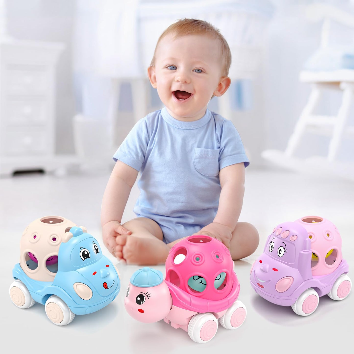 BeAndge Baby Girl Toys Gifts for 1 2 Year Old Girls, Pink Cars for Babies 6-12 12-18 Months, Push and Go Trucks for Toddlers, Soft Rattle Toys for One 1+ Infants First Birthday Easter Gifts