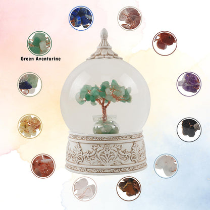 Green Aventurine Healing Crystal Tree Globe Colorful Lights and Glitter, Natural Gemstone Base, Spiritual Meditation, Positive Energy Good Luck, Home Decor, Birthday Gifts (Green Aventurine)