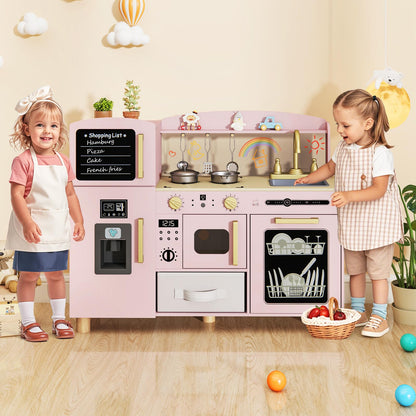 INFANS Kids Kitchen Playset, Toddler Wooden Pretend Cooking Toy Set with Acrylic Drawing Board Ice Machine Dishwasher Cloth Drawer Stove Removable Sink Simulation Play Kitchen for Boys Girls