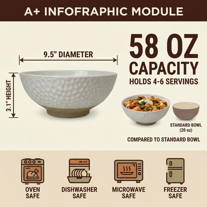 Wgtalation Large Ceramic Dinner Bowl Set - 2-Piece Handmade Salad Bowl Set, 58 oz Each, Dishwasher and Oven Washable, Vanilla White 9.5”