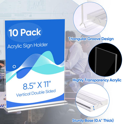 ZongXing acrylic sign holder 8.5 x 11 Paper Stand 10 Pack Clear Double Side T Shape Acrylic Table Signs for Displaying, Flyer Holder Paper Card Holder for Office Business Store Mall Restaurants