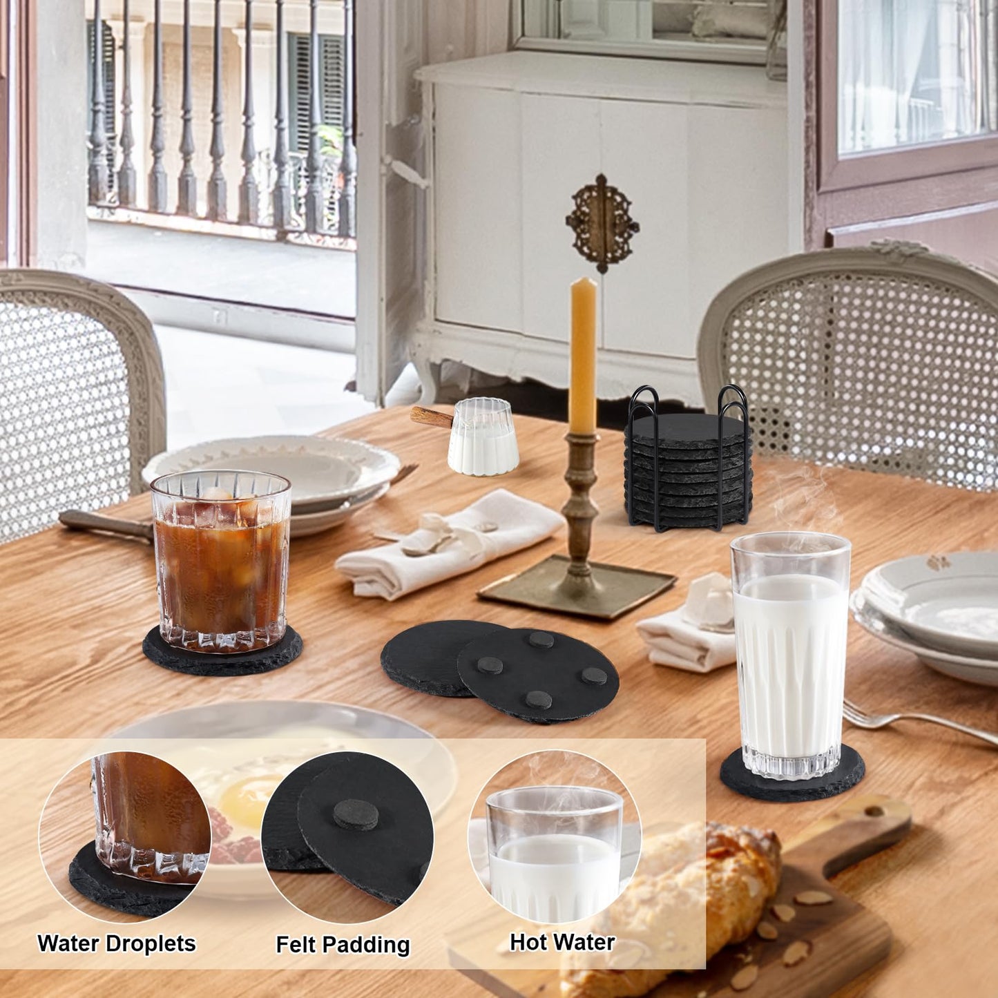 Slate Coasters with Holder, MAPRIAL 4 Inch Coaster Set of 12 Round Black Slate Stone DIY Coasters with Anti-Scratch Backing for Halloween Christmas, Bar, Kitchen, Home Decor, Gifts for Mom, Dad